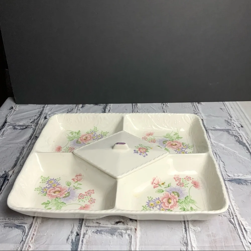 Vintage Porcelain Floral Divided Tray w Center Lid
